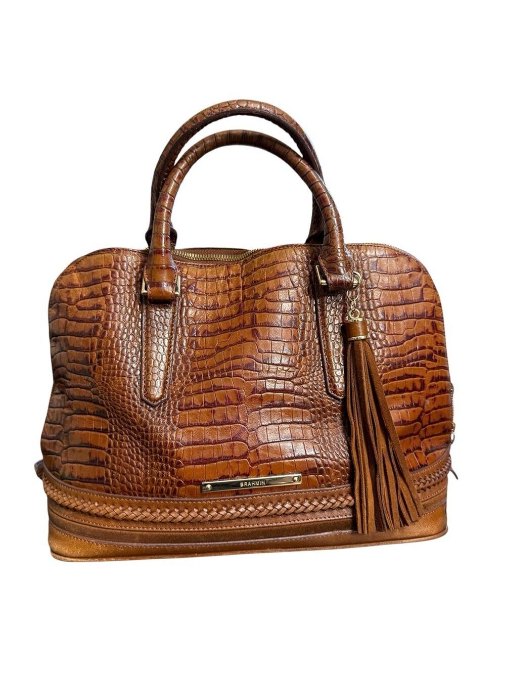 Brahmin Melbourne Croc‎ Embossed Dome Satchel Brown Leather